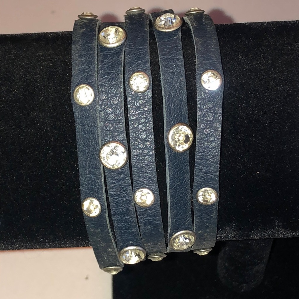 Multi Strand Navy Faux Leather Wrap Bracelet with Crystal Studs